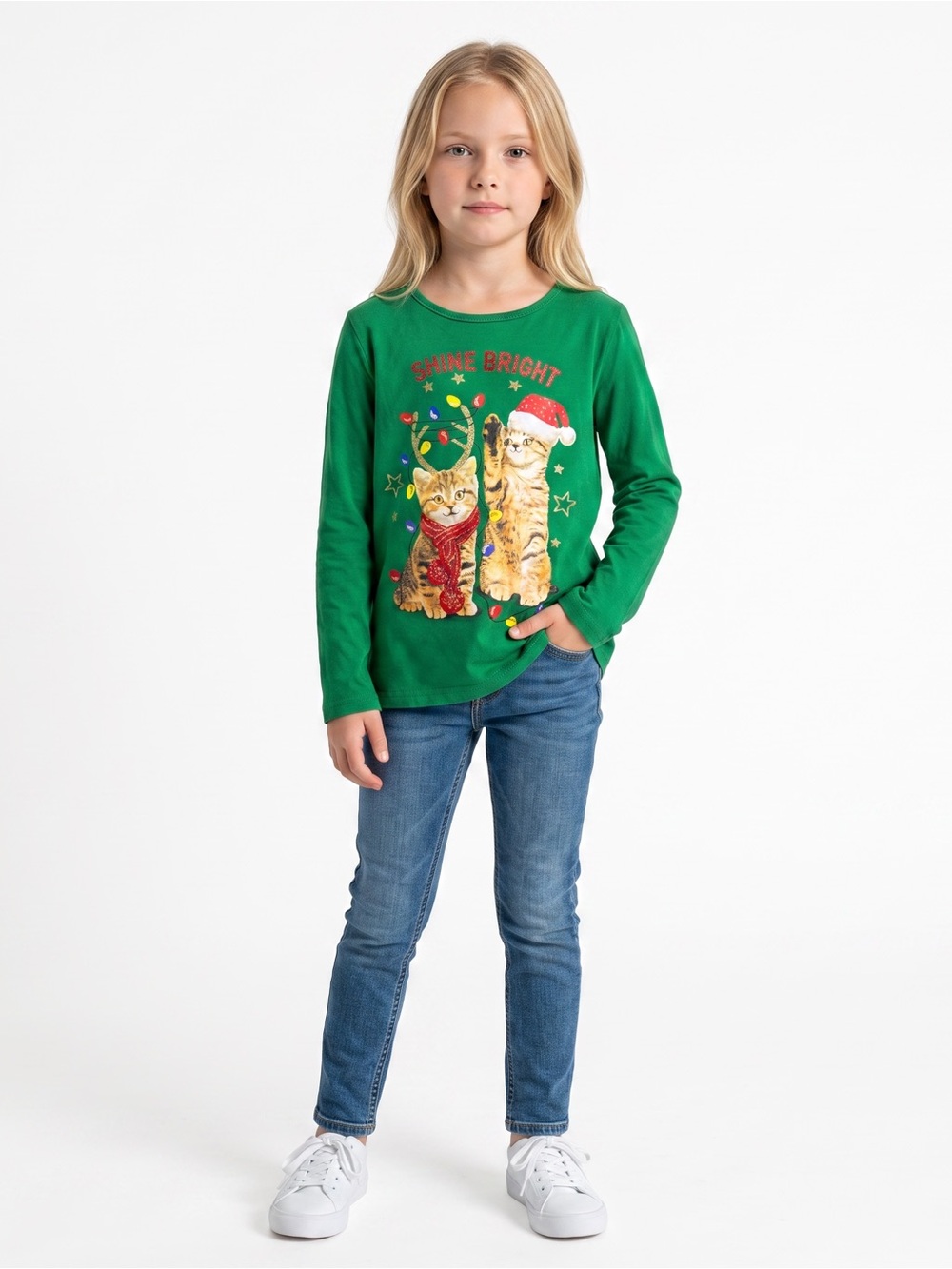 Holiday Time Girls Christmas Shirt Size 7-8 Green Cat‎ Kitten Shine Bright